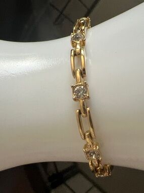 Gold Link Bracelet with Clear Crystal Accents